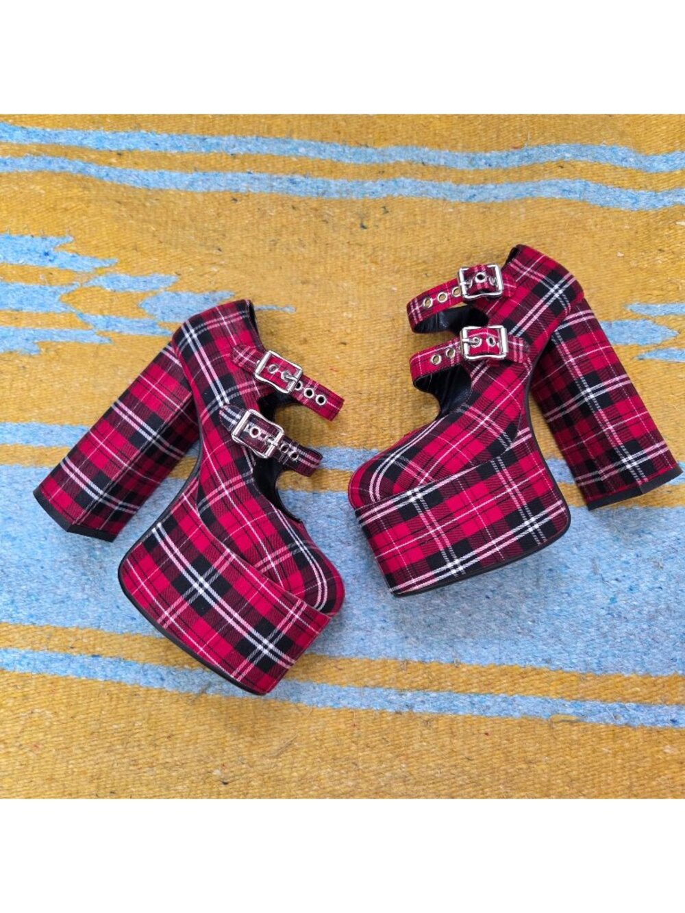 Dolls Kill Current Mood “Hate to Love” Red Plaid Platform Mary Janes Size 8 - Picture 1 of 8